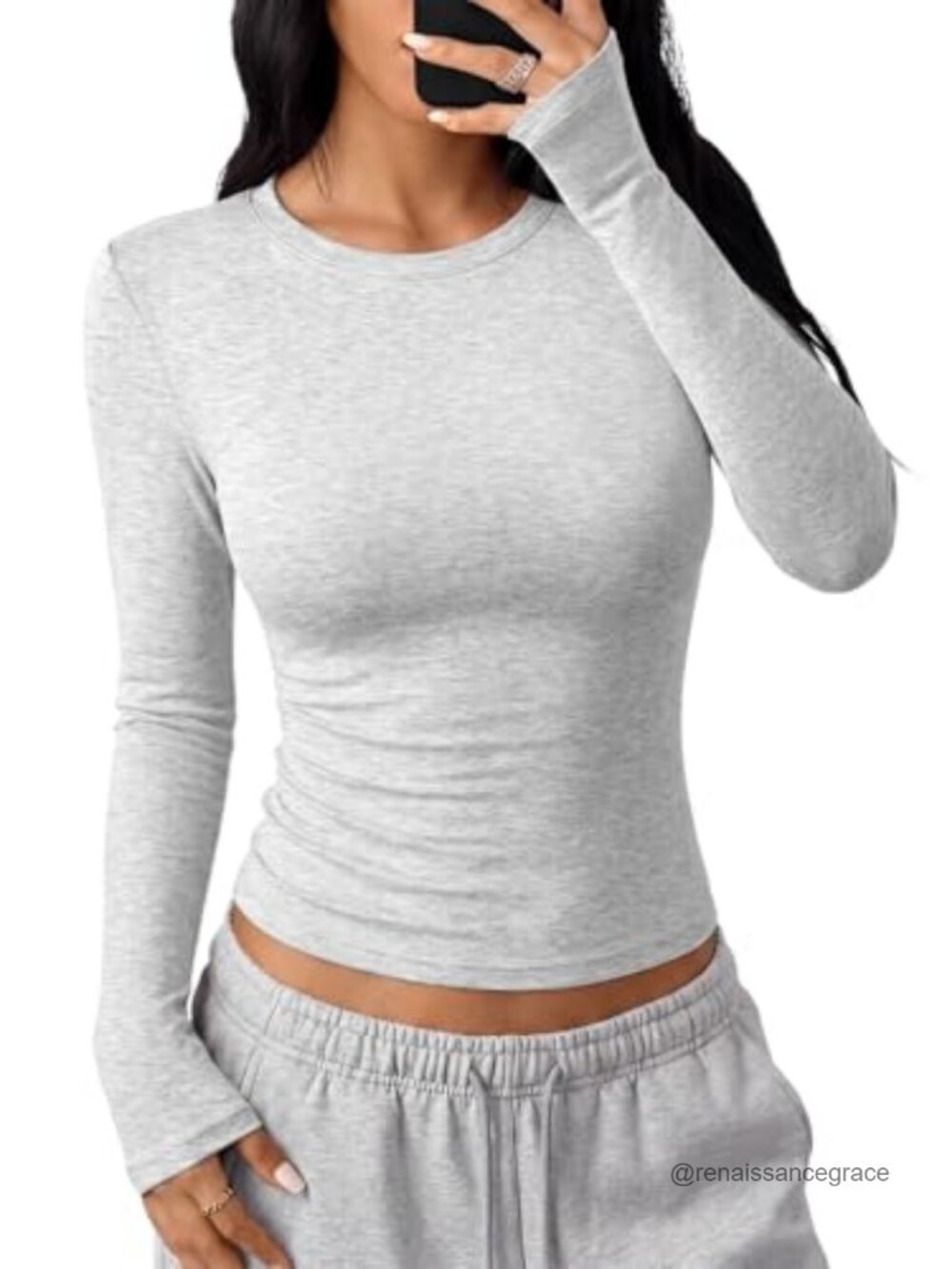 Women's Long Sleeve Crew Neck Fitted Cotton Spandex Top Slim Fit Y2K
